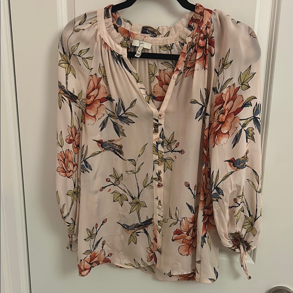 Joie Orange and Green Ruffled 3/4 Sleeve Blouse